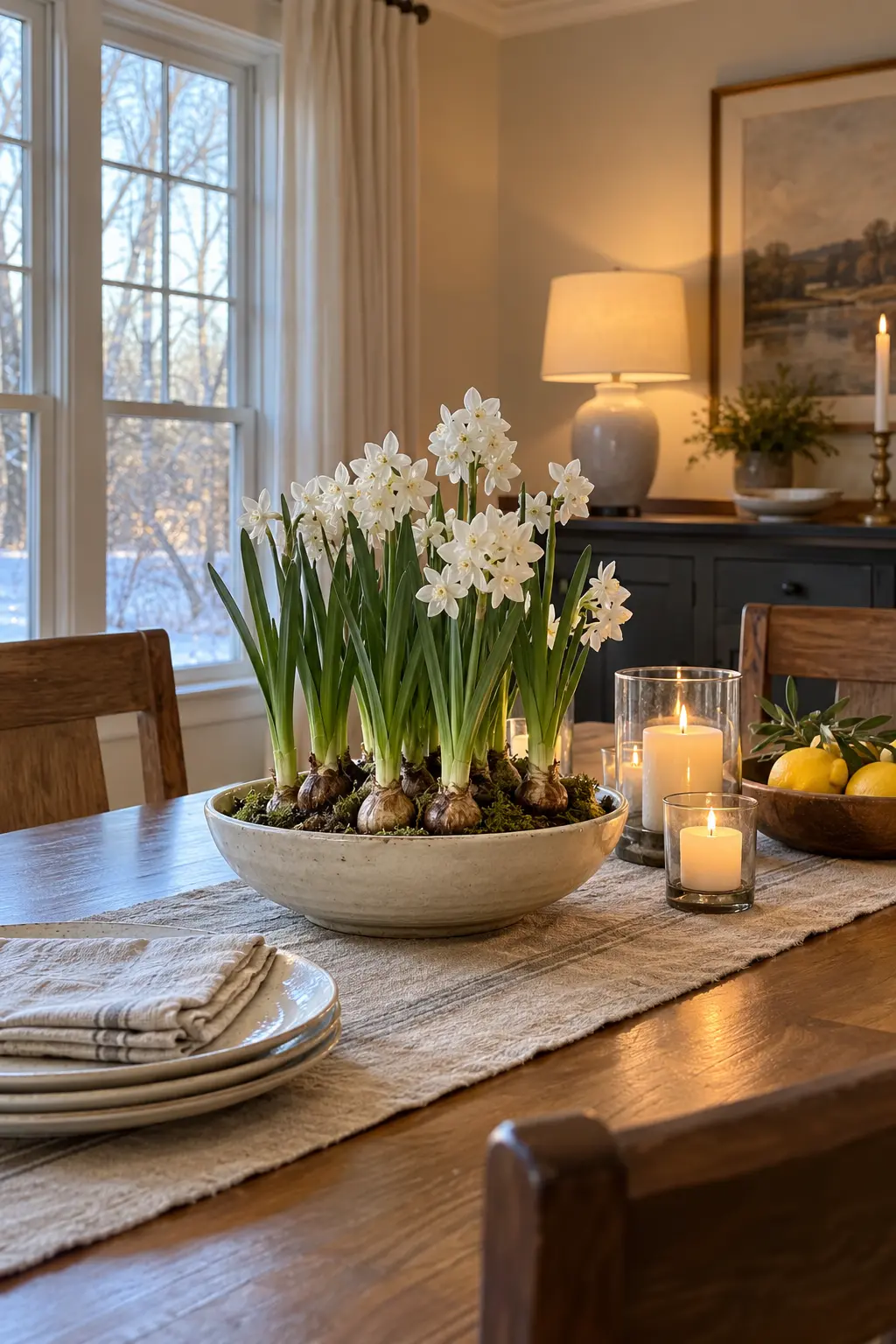 Grow Paperwhites in a Low Bowl winter tablescape after Christmas