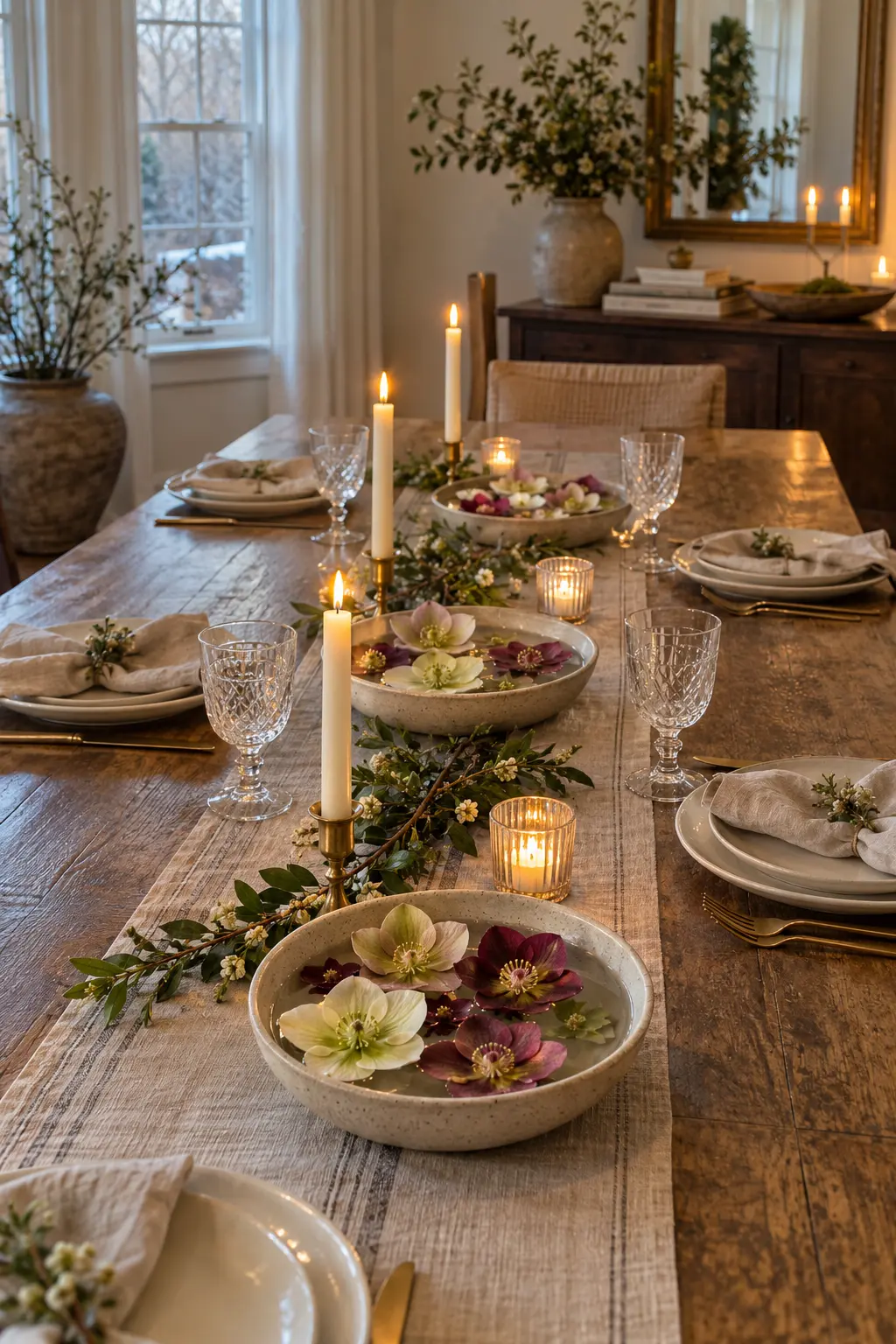 Float Hellebore Blooms in Shallow Dishes winter tablescape after Christmas