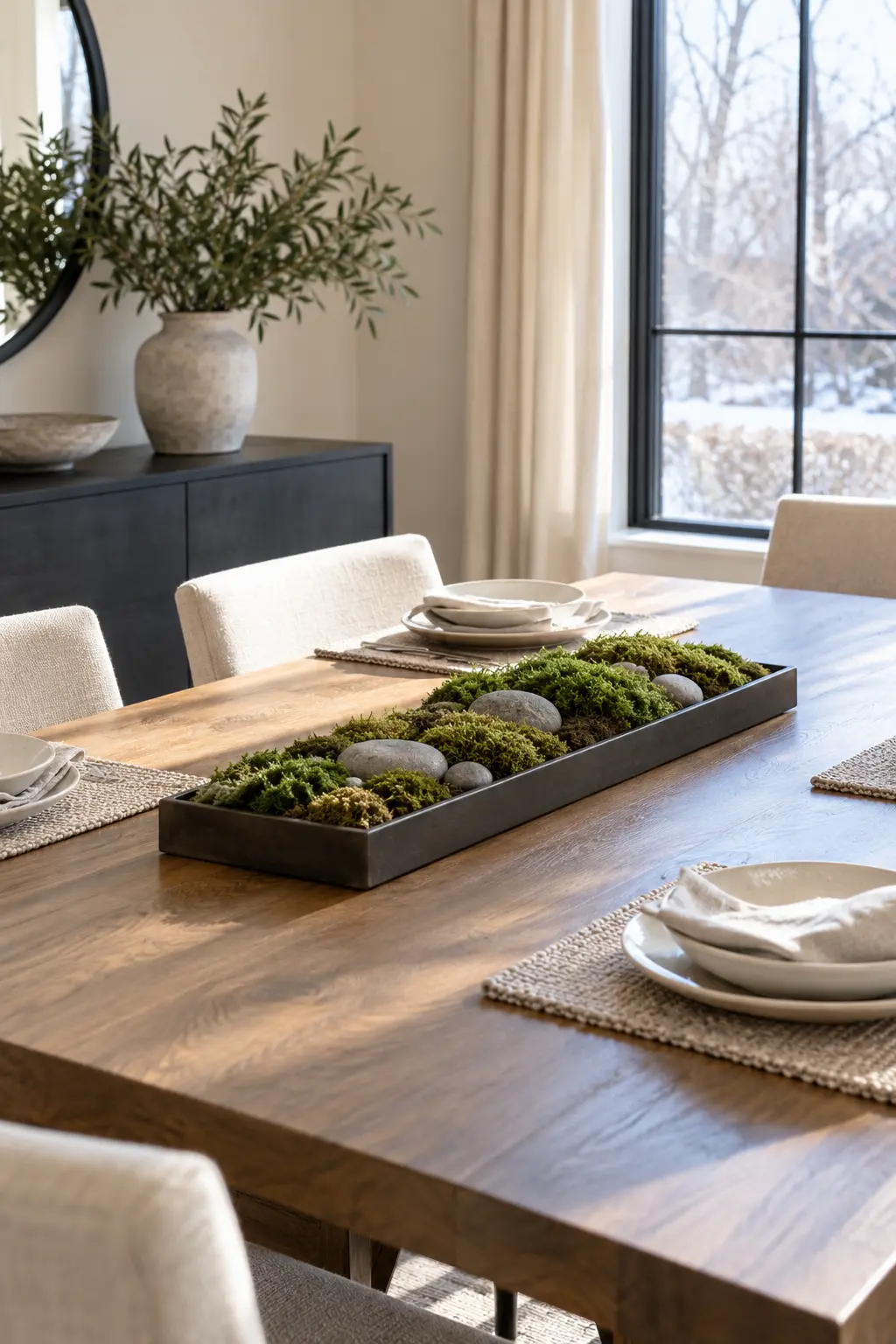 Make a Moss and Stone Centerpiece winter tablescape after Christmas
