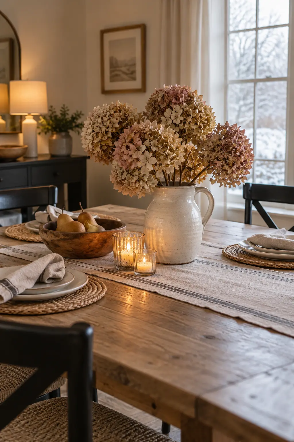 Display Dried Hydrangeas in a Pitcher winter tablescape after Christmas