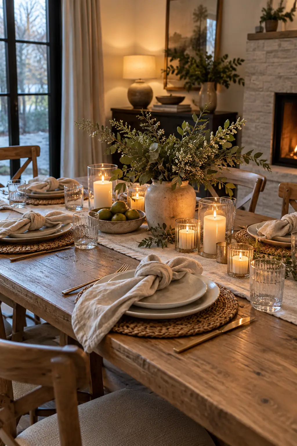 Fold Napkins Into Loose Knots winter tablescape after Christmas