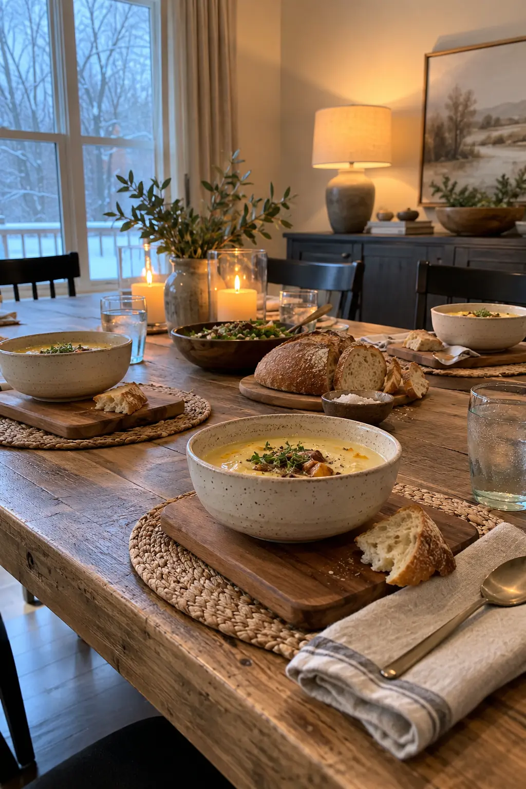 Use Mini Wood Boards as Chargers winter tablescape after Christmas