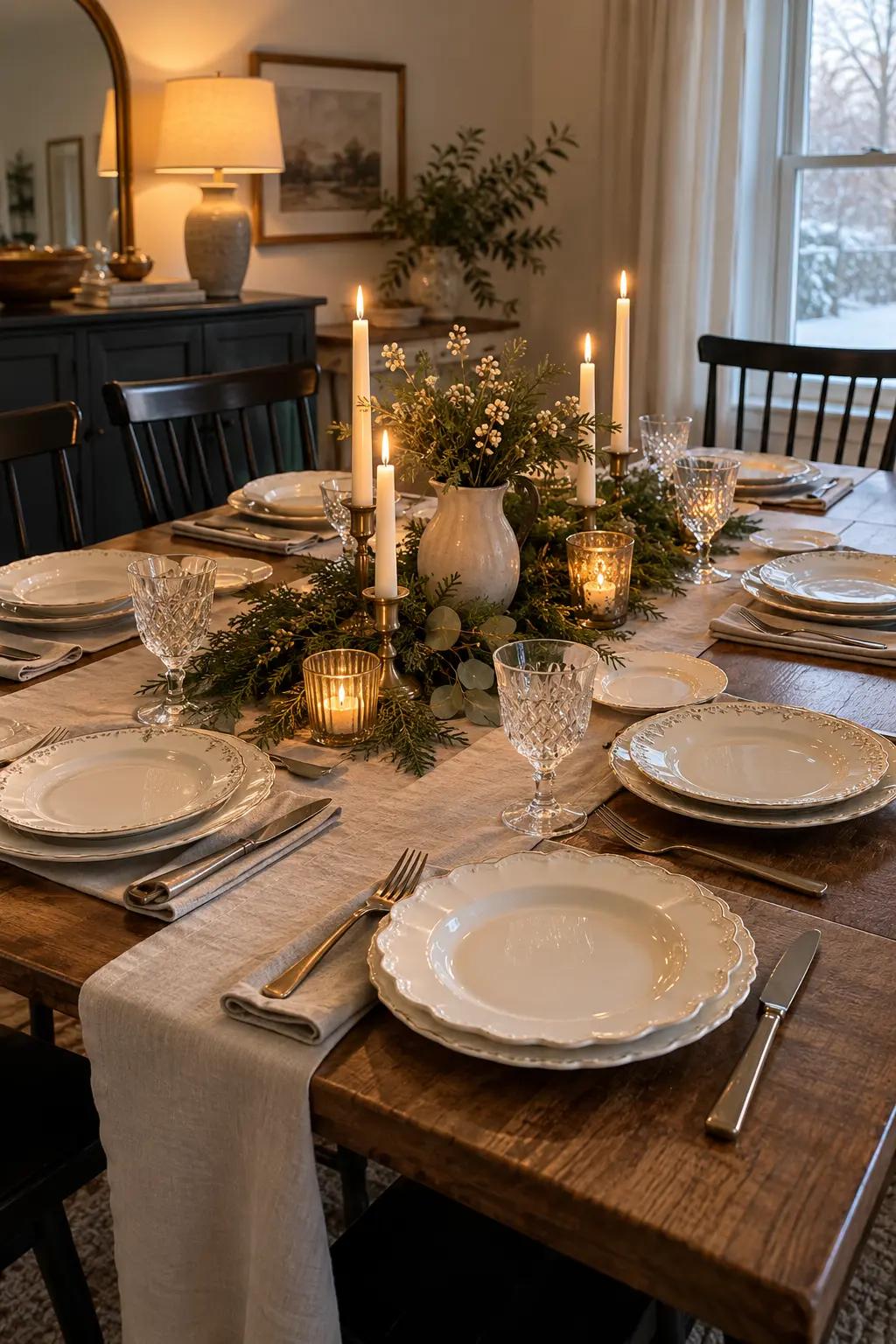 Mix Vintage White Plates winter tablescape after Christmas
