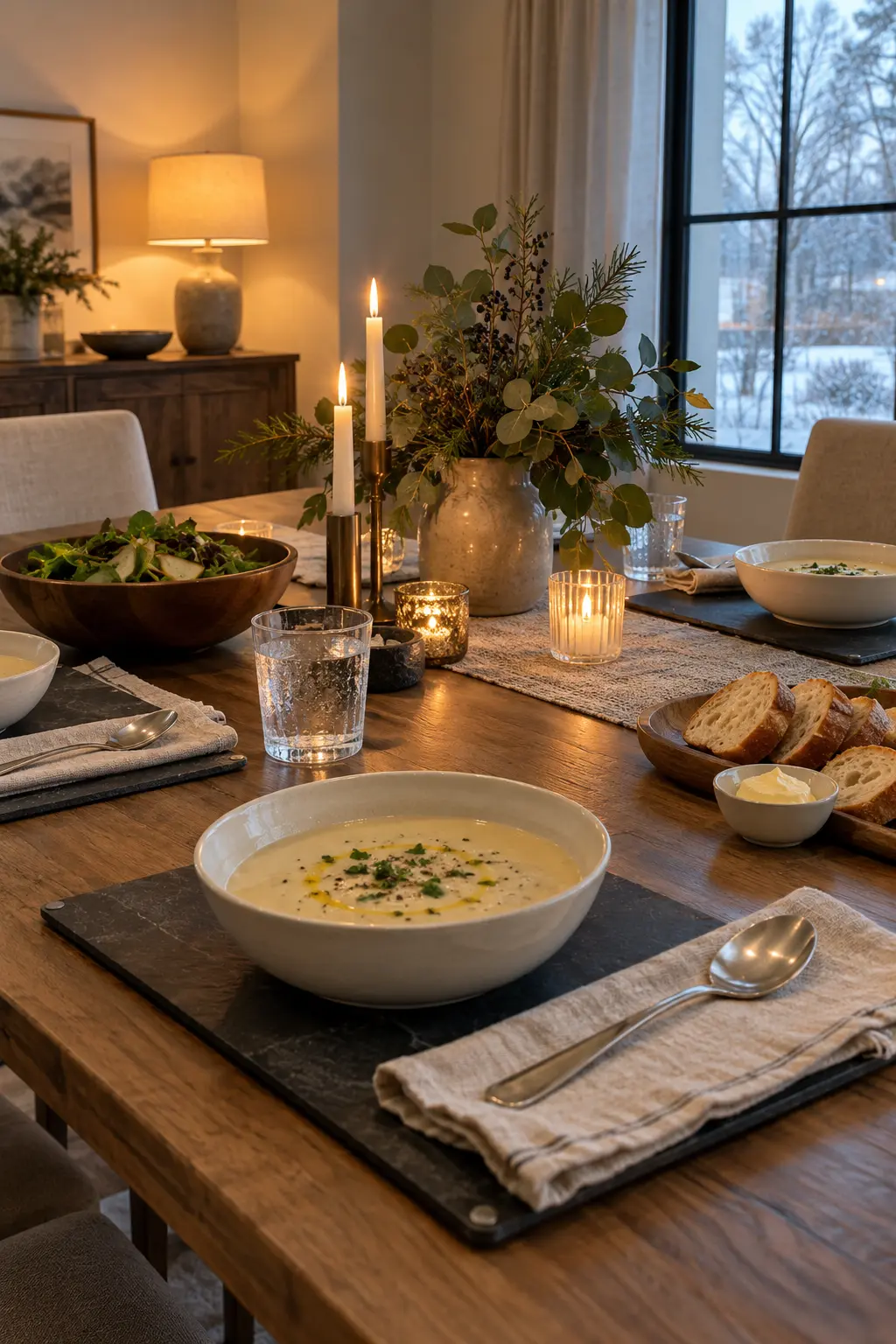 Add Slate Under Cream Bowls winter tablescape after Christmas