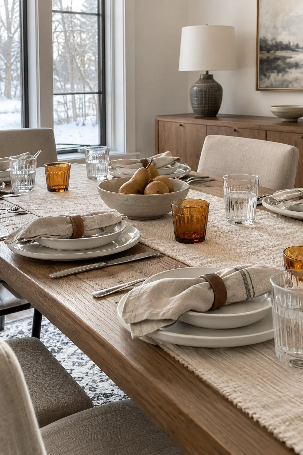 Mix Clear and Amber Glassware winter tablescape after Christmas