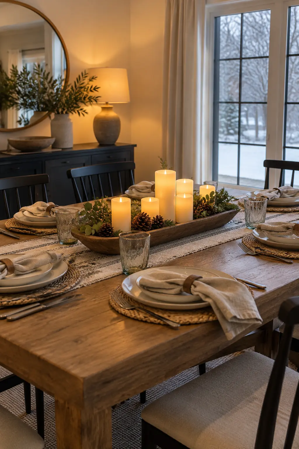 Cluster Flameless Pillars on a Tray winter tablescape after Christmas