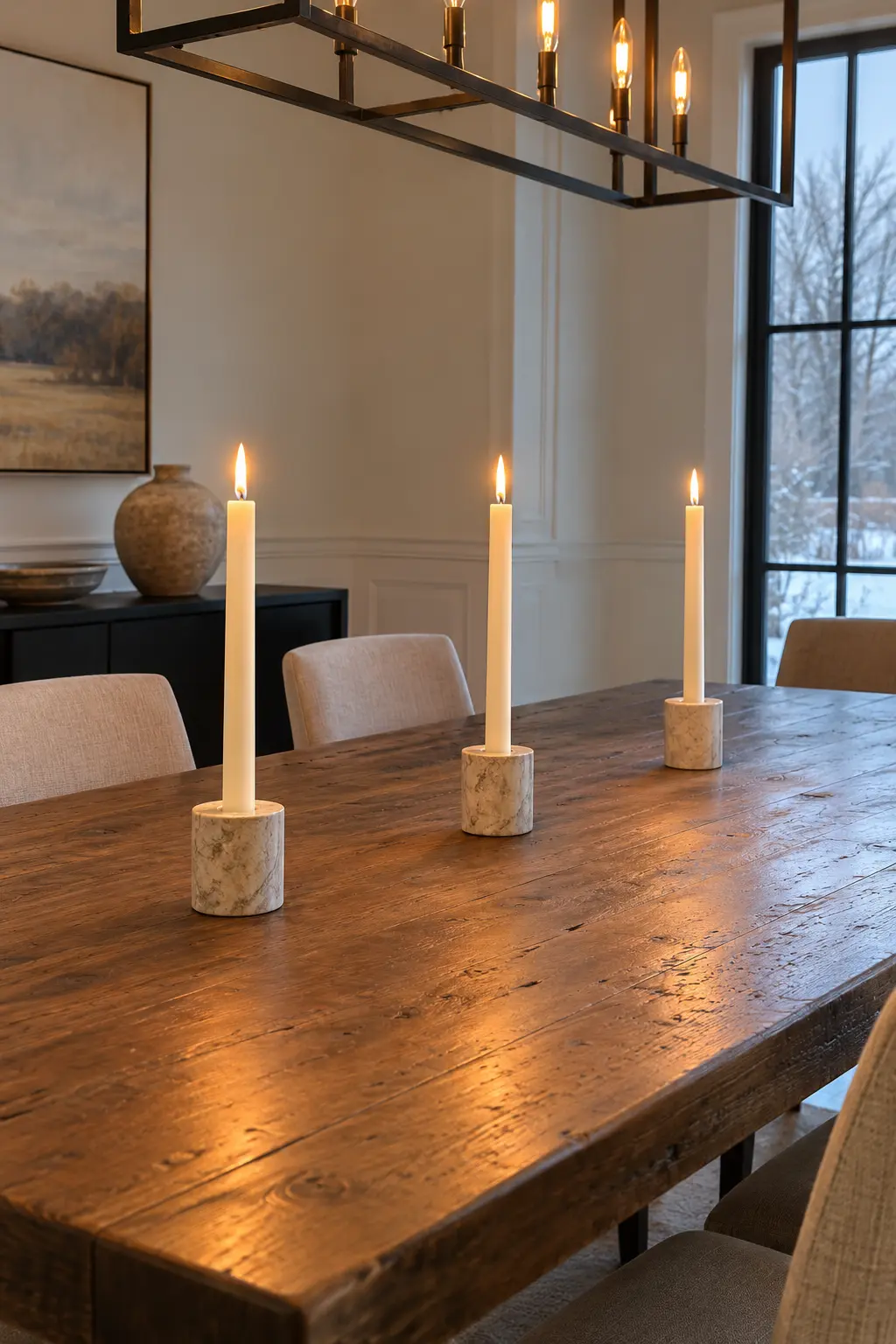 Space Tapers in Heavy Holders winter tablescape after Christmas