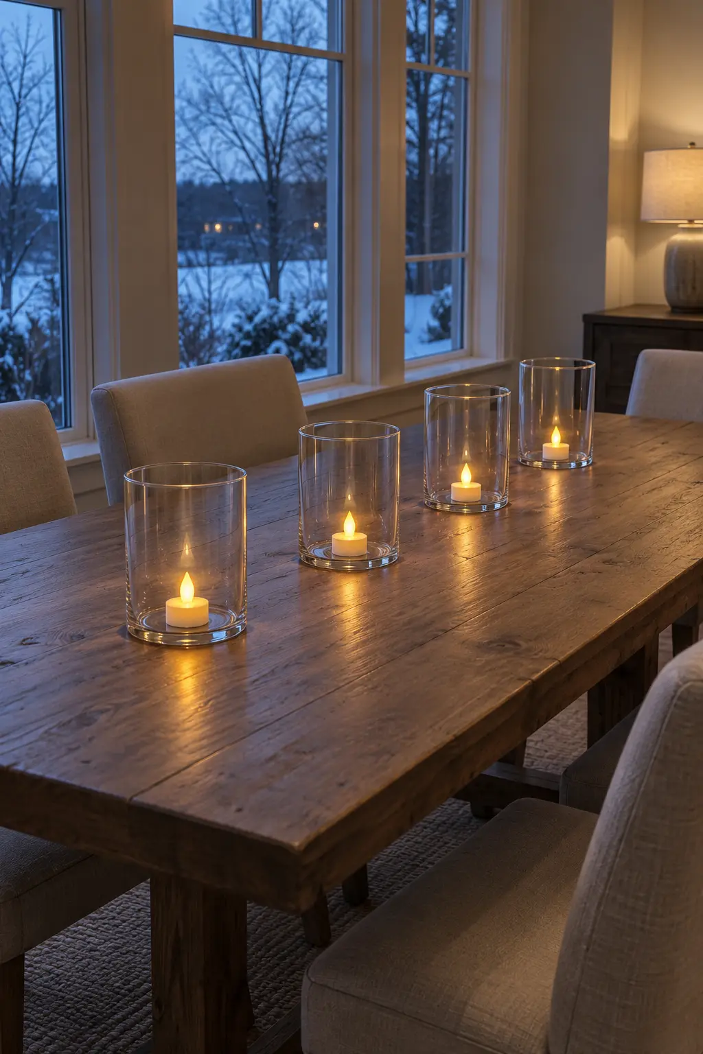 Put Tea Lights Inside Glass Hurricanes winter tablescape after Christmas