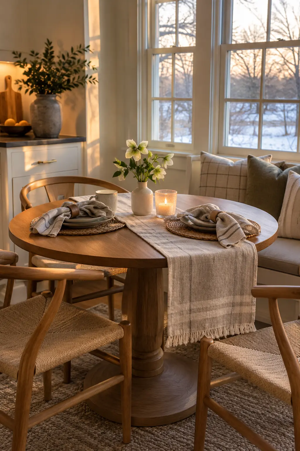 Keep a Breakfast Nook Light and Simple winter tablescape after Christmas