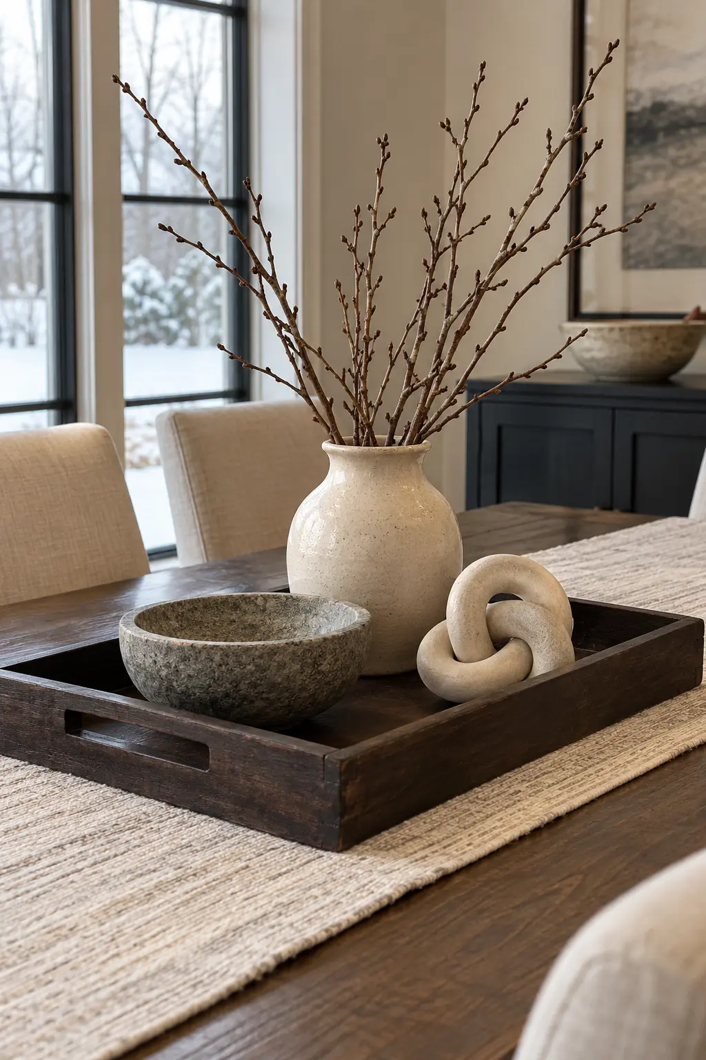 Use a Weighted Tray in a Pet-Friendly Home winter tablescape after Christmas