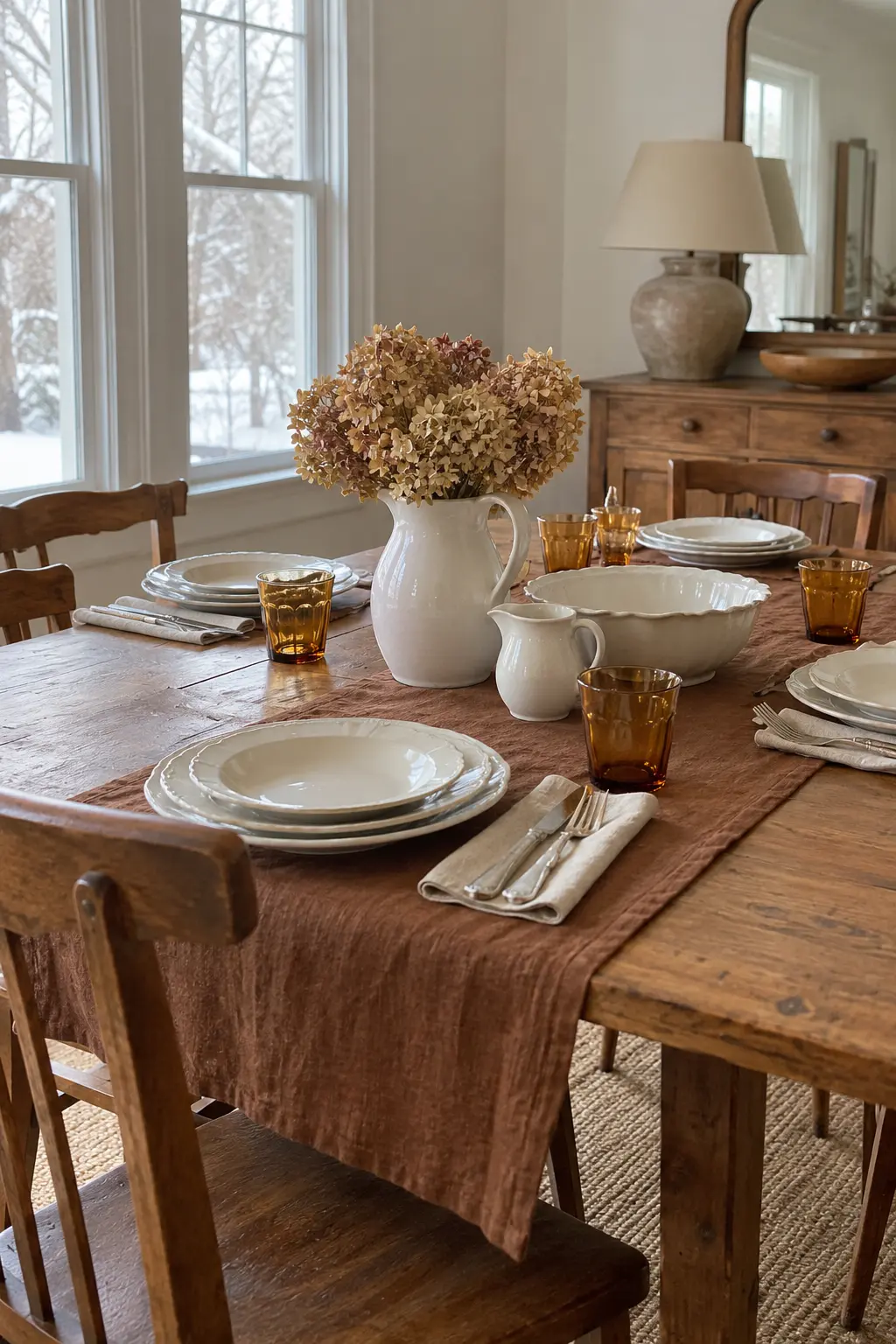 Create a Thrifted Brown-and-White Table winter tablescape after Christmas