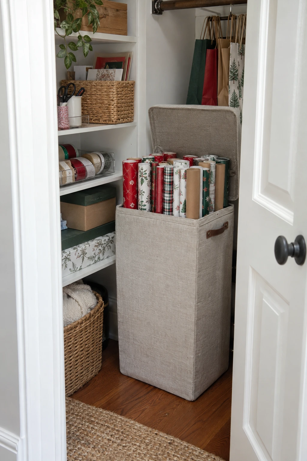 Tall lidded floor bin holding upright wrapping paper rolls in a closet