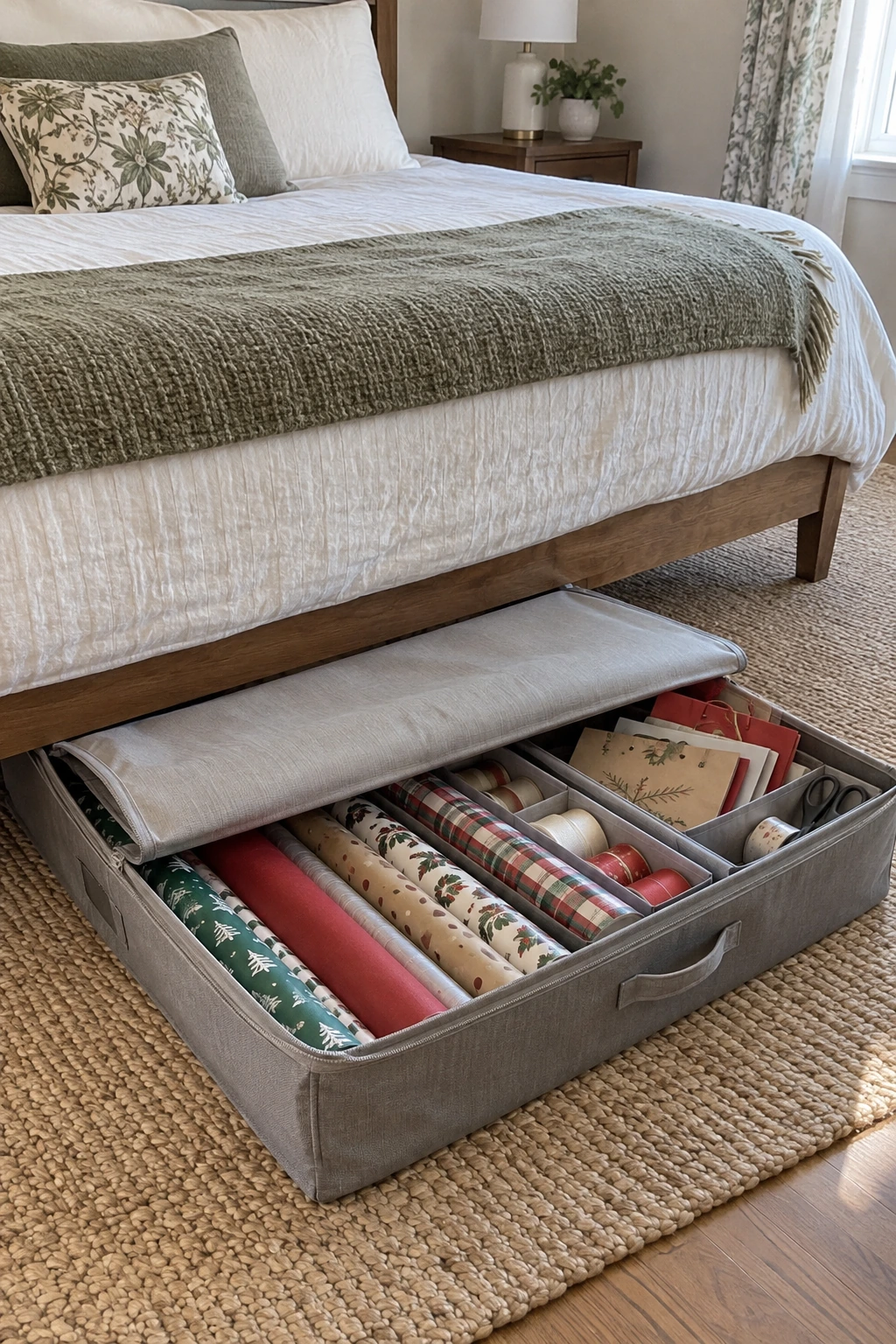 Covered under-bed organizer with wrapping paper rolls and ribbon pockets