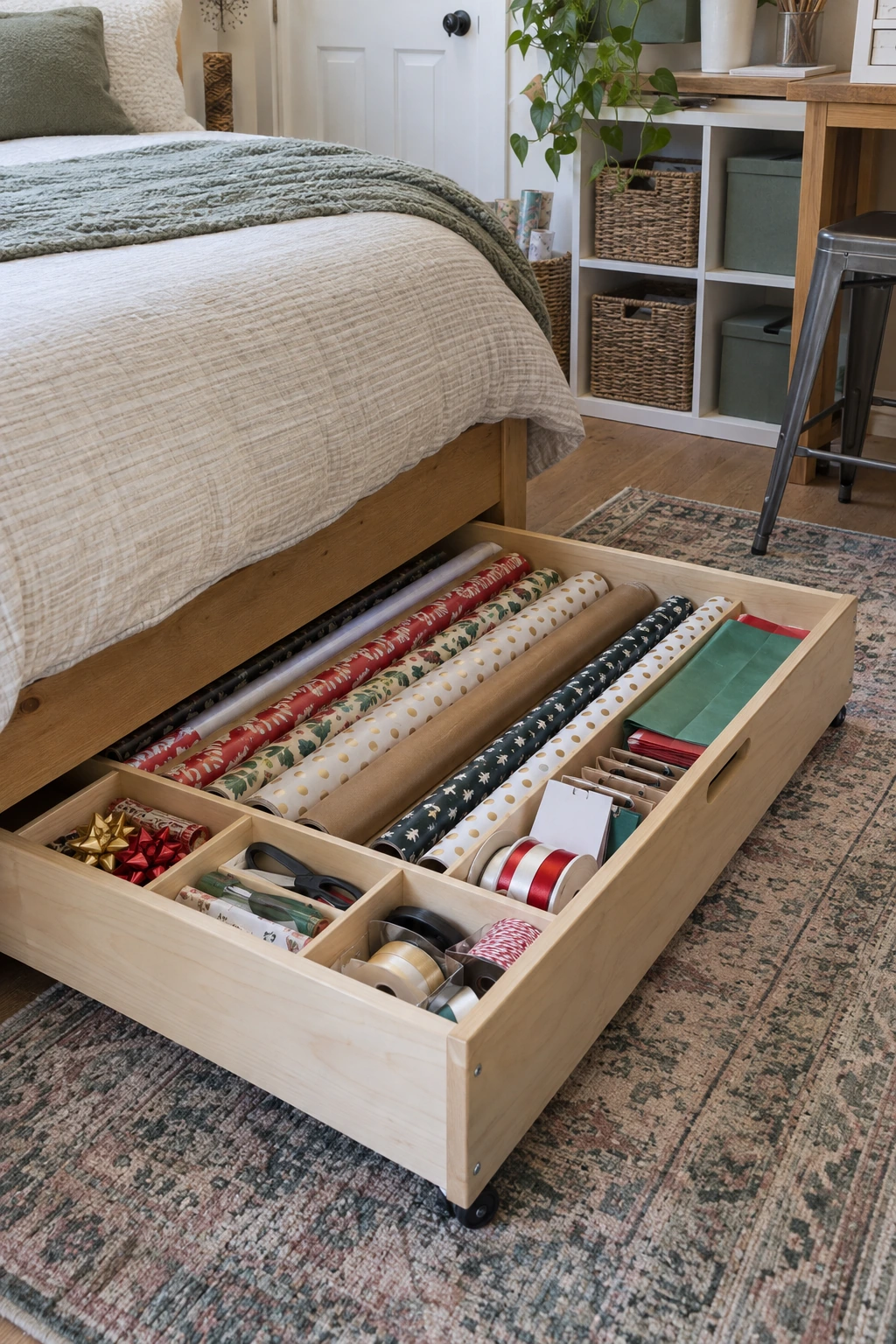 Wood rolling drawer under a bed storing gift wrap supplies