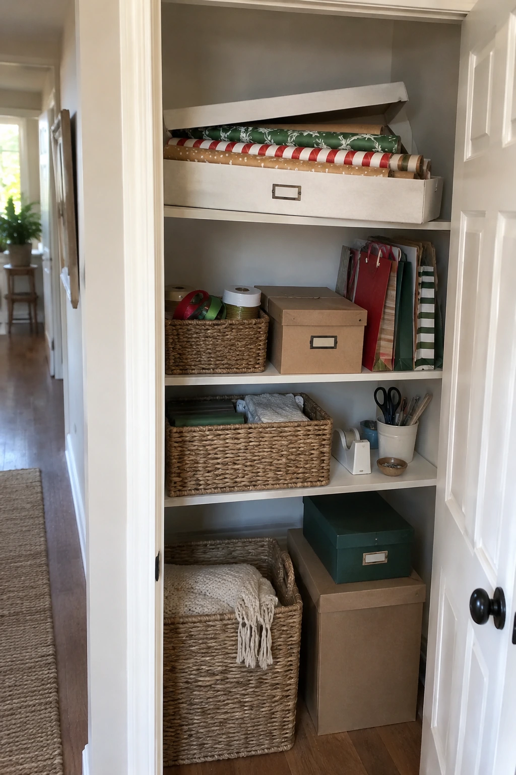 Long labeled wrapping paper box on a closet top shelf