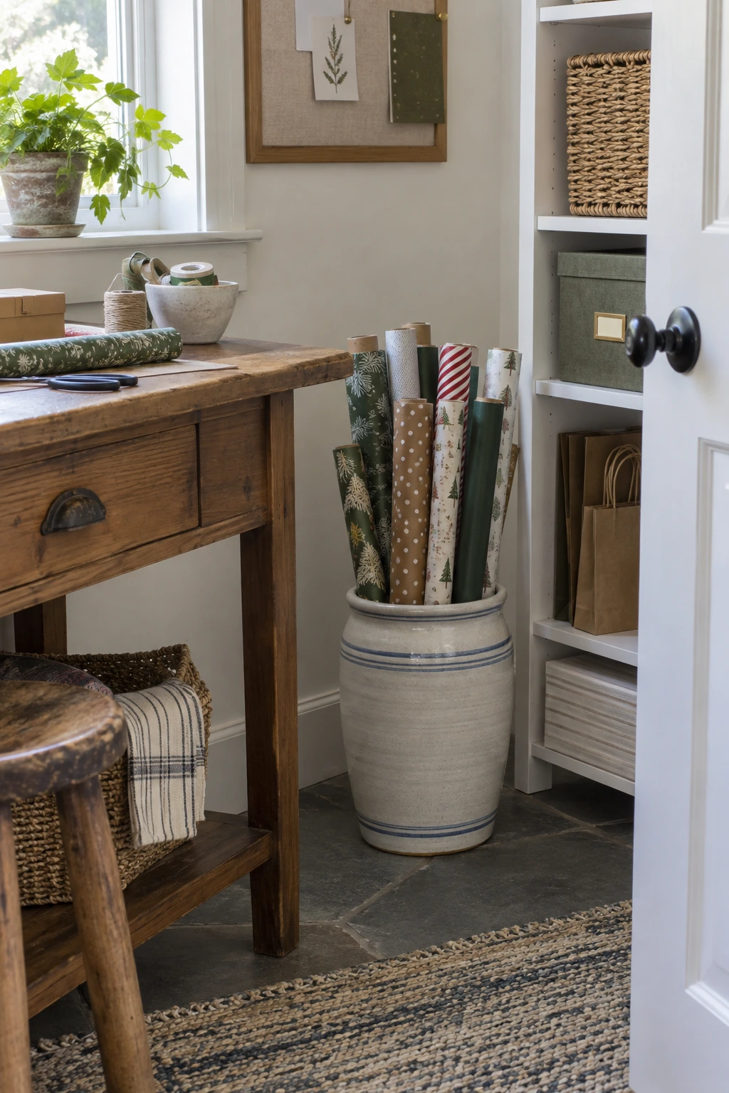 Umbrella stand repurposed for short wrapping paper rolls