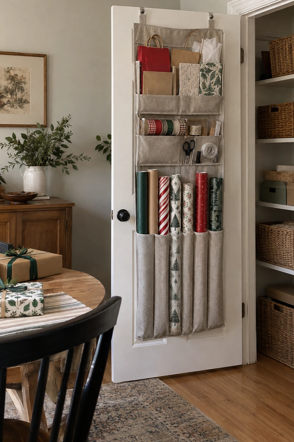 Over-door wrapping paper organizer with rolls bags and ribbon