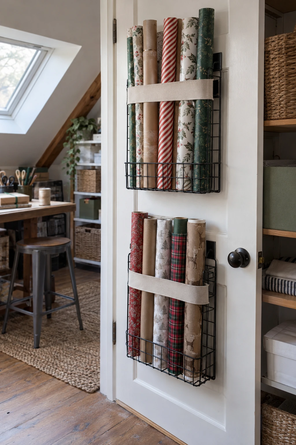 Door-mounted wire baskets securing wrapping paper rolls