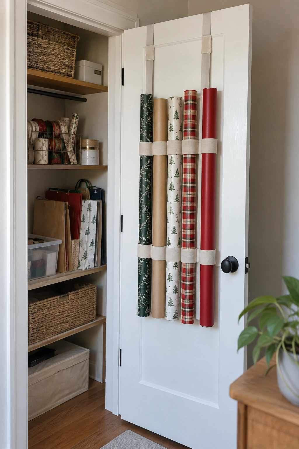 Renter-friendly straps holding wrapping paper on a closet door