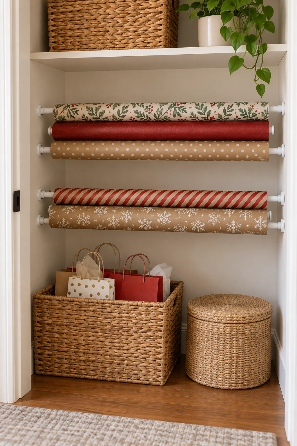 Closet tension rods passing through wrapping paper roll cores