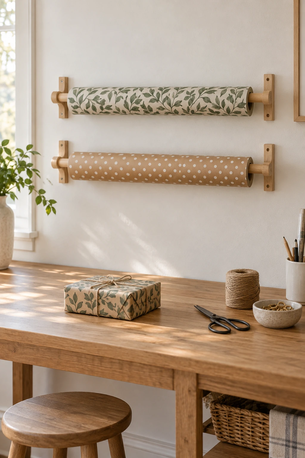 Wall-mounted dowels dispensing two wrapping paper rolls