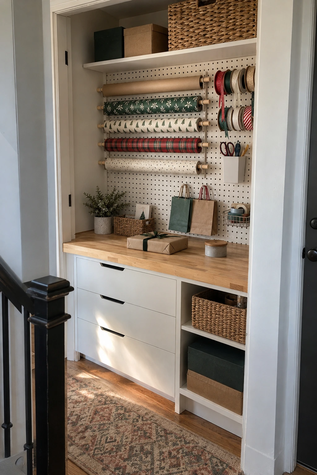 Pegboard station organizing gift wrap rolls ribbon scissors and tape