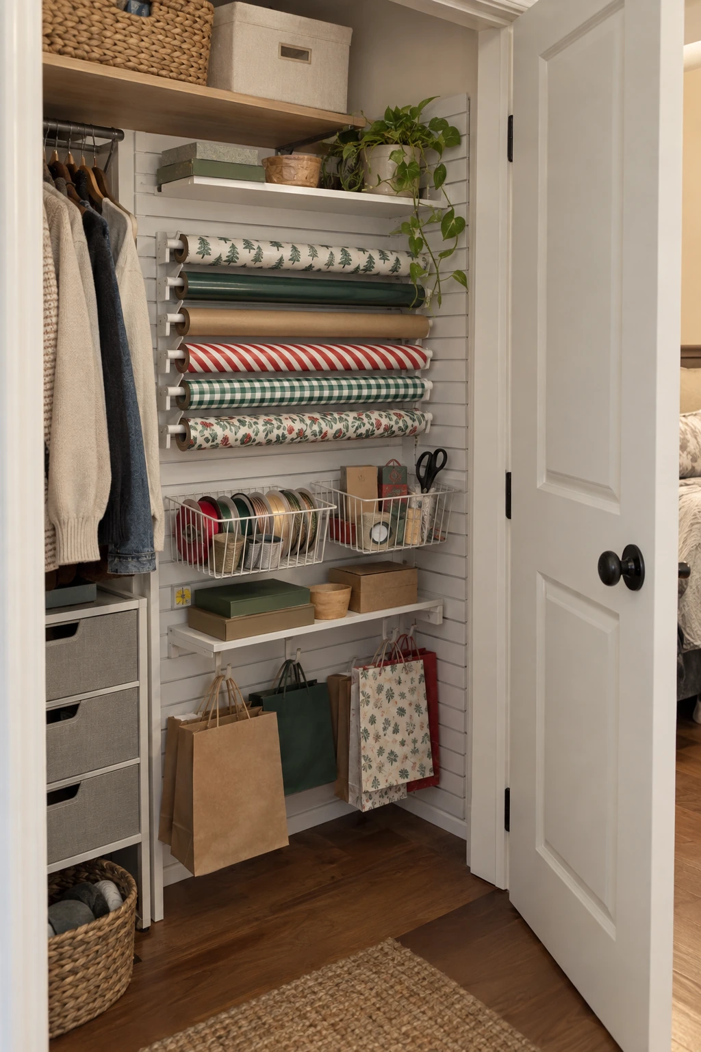 Slatwall gift wrap storage with baskets shelves and paper rolls