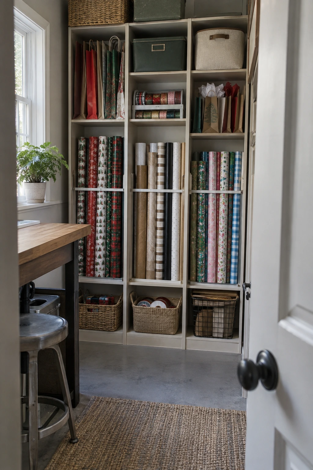 Tall shelf divided into narrow vertical bays for wrapping paper rolls
