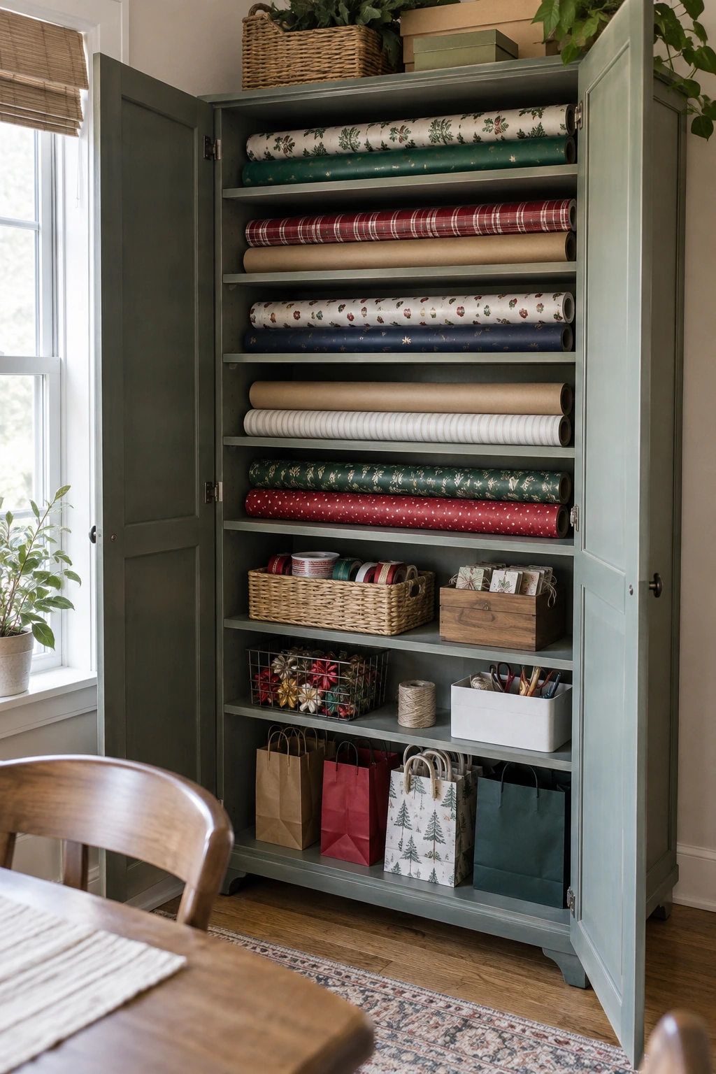 Horizontal cubbies organizing wrapping paper by occasion