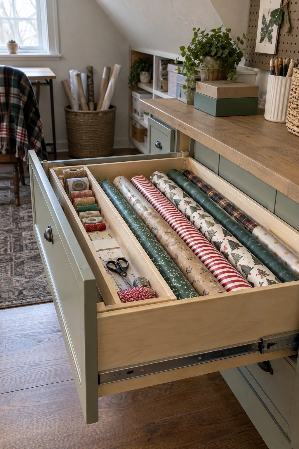 Deep cabinet drawer holding wrapping paper rolls horizontally