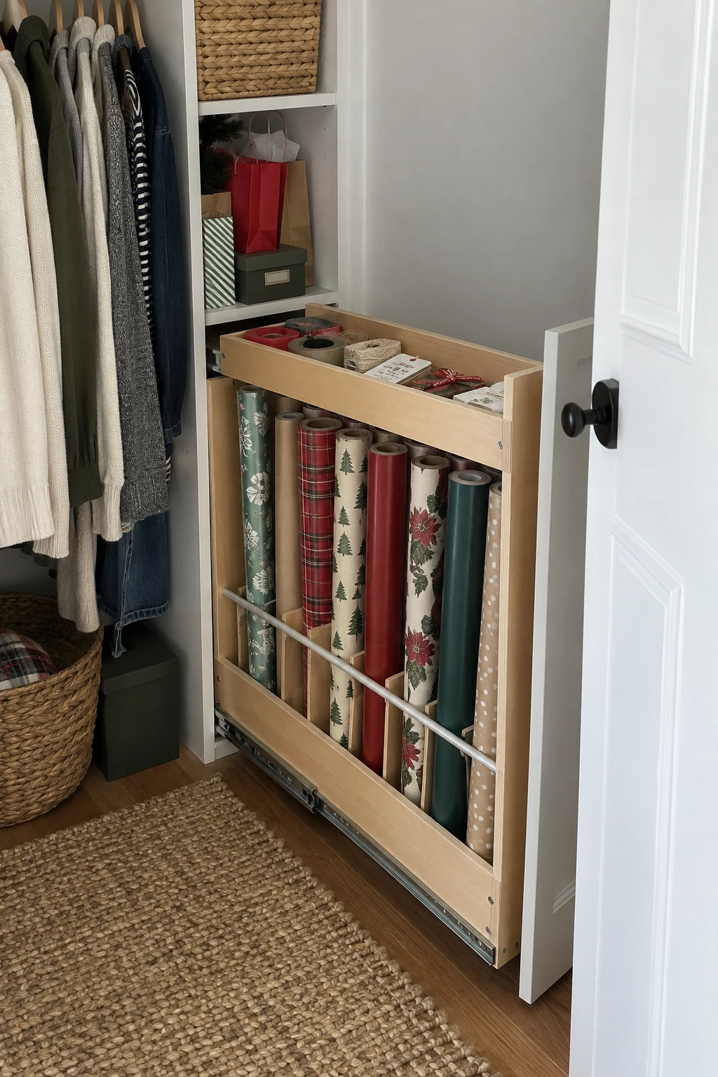 Pull-out cabinet cradle containing upright wrapping paper rolls