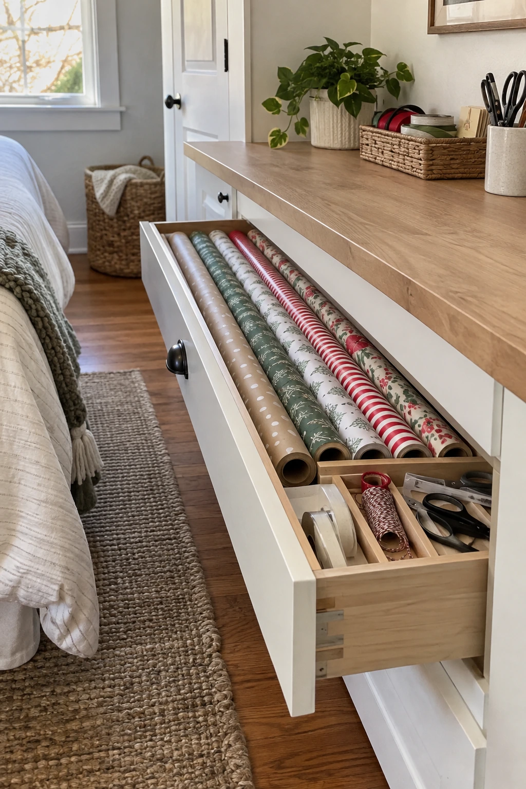 Long shallow drawer beneath a craft counter with gift wrap rolls