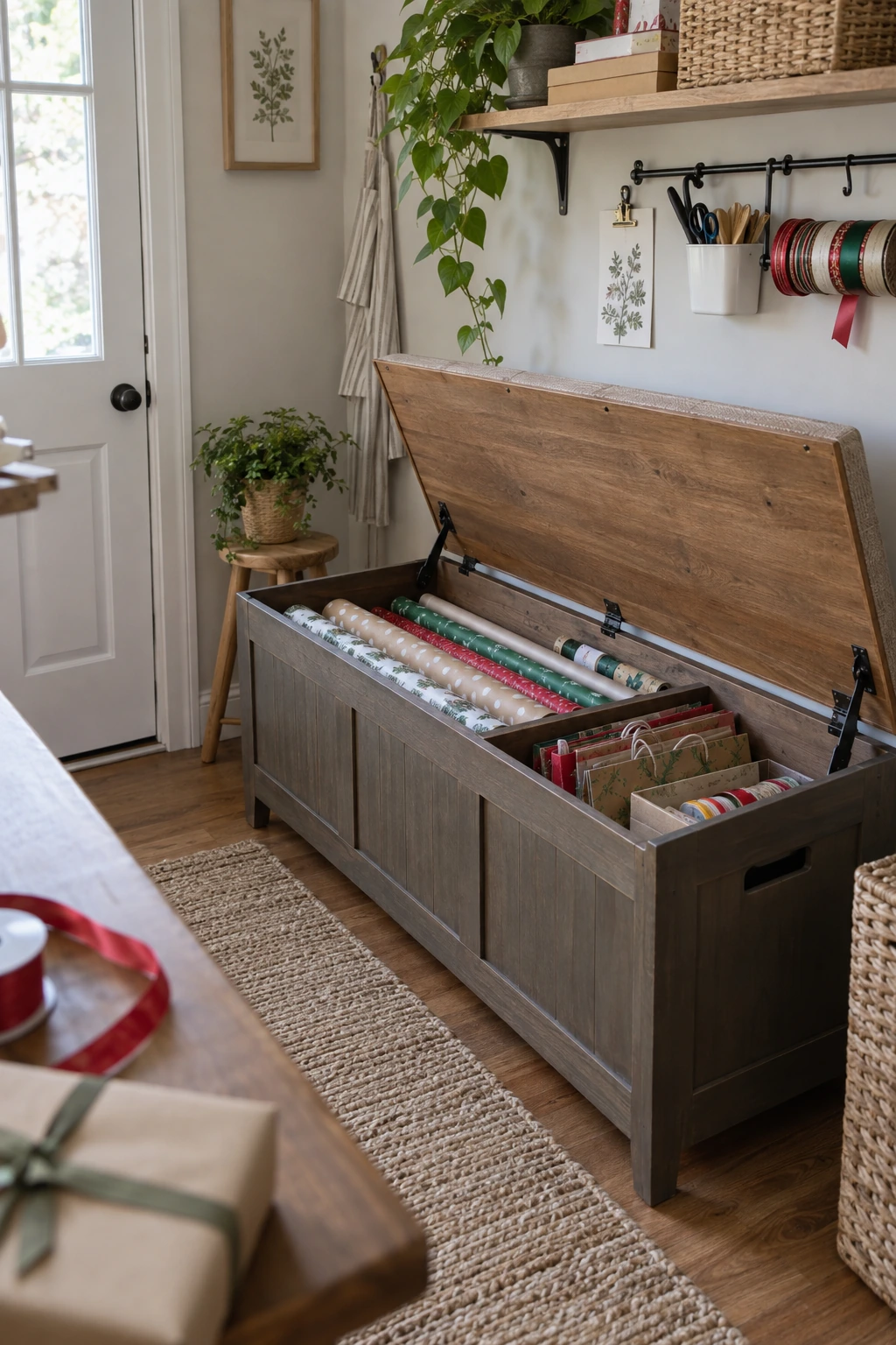 Storage bench with a long compartment for wrapping paper