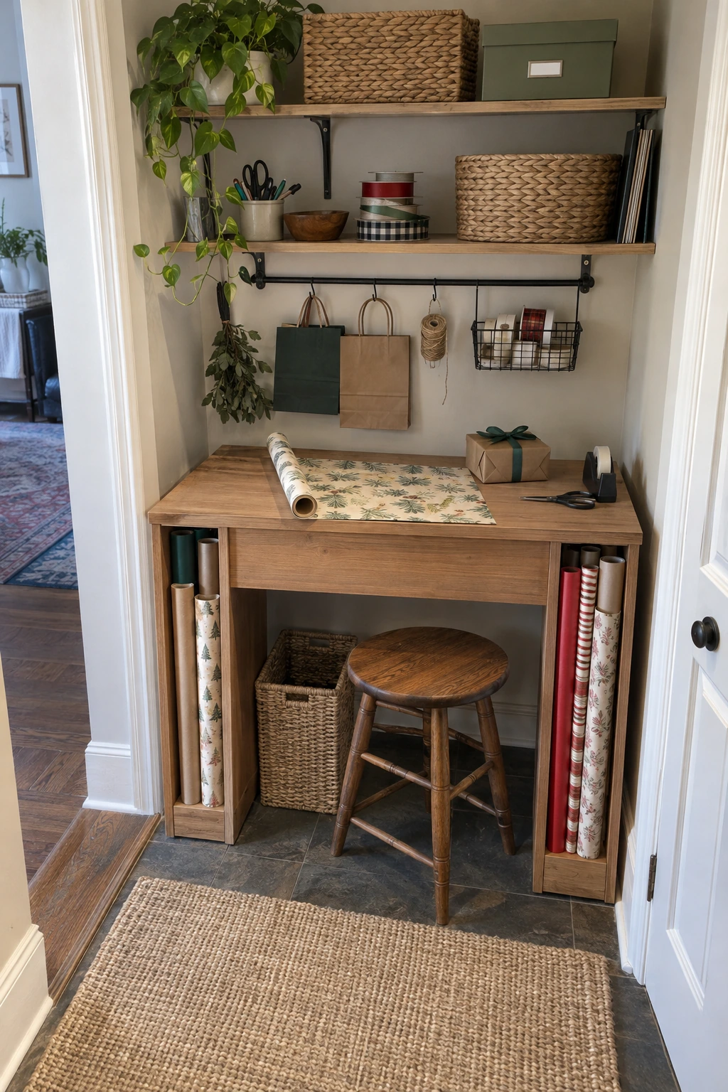 Craft desk with narrow side wells holding wrapping paper rolls