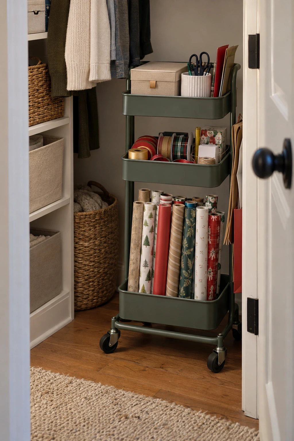Narrow rolling cart with wrapping paper ribbon and tools