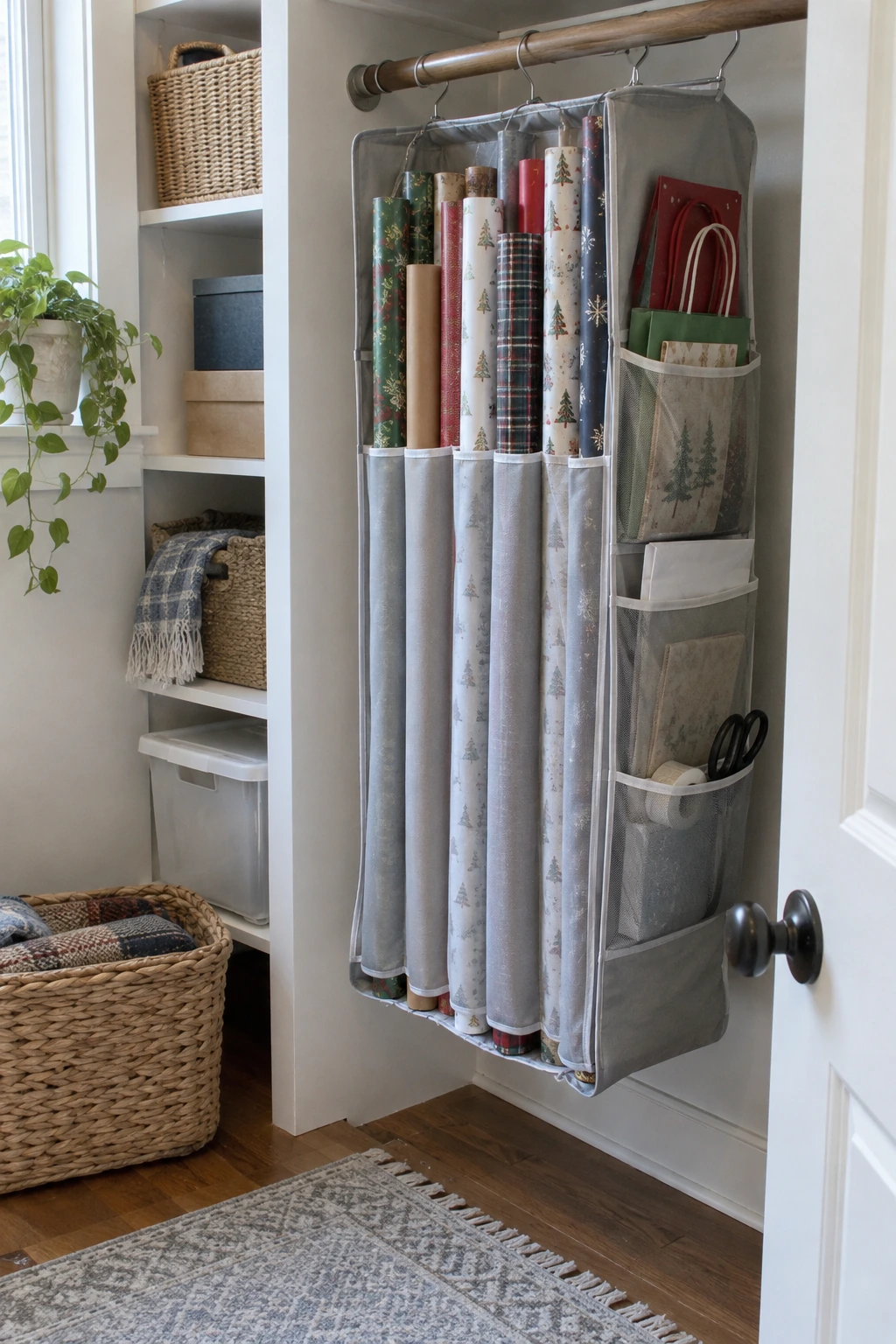 Hanging garment-style gift wrap organizer in a closet