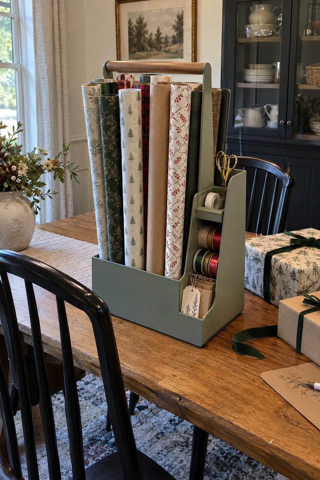 Portable caddy with tape tags ribbon and safe scissors storage