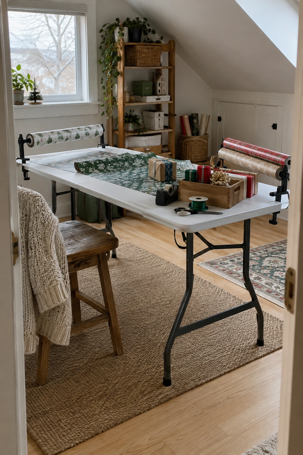 Folding wrapping table with removable paper roll holders