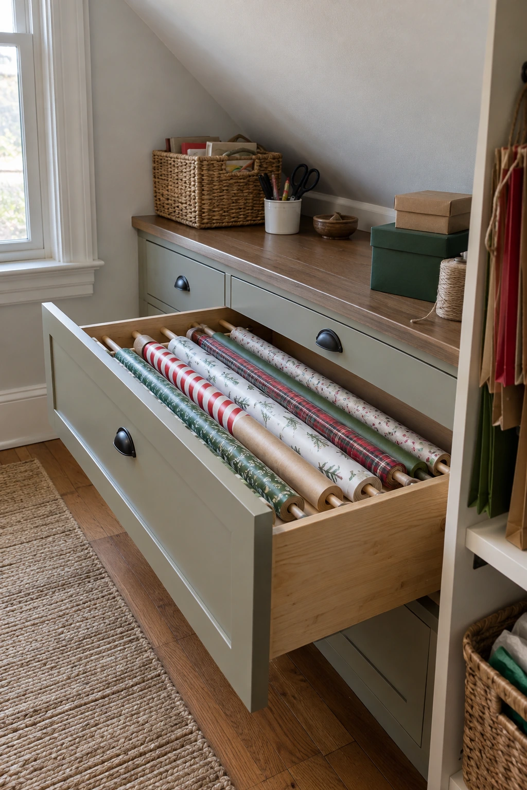 Low under-eaves cabinet storing wrapping paper horizontally