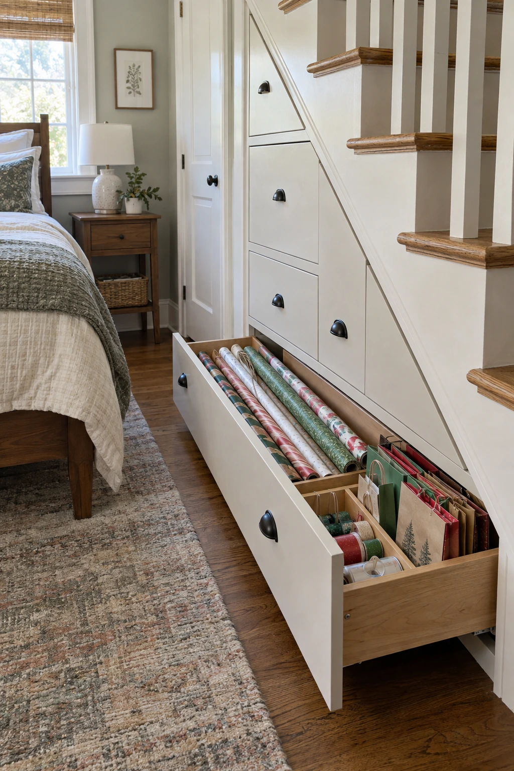 Graduated under-stairs pull-outs with a gift wrap drawer