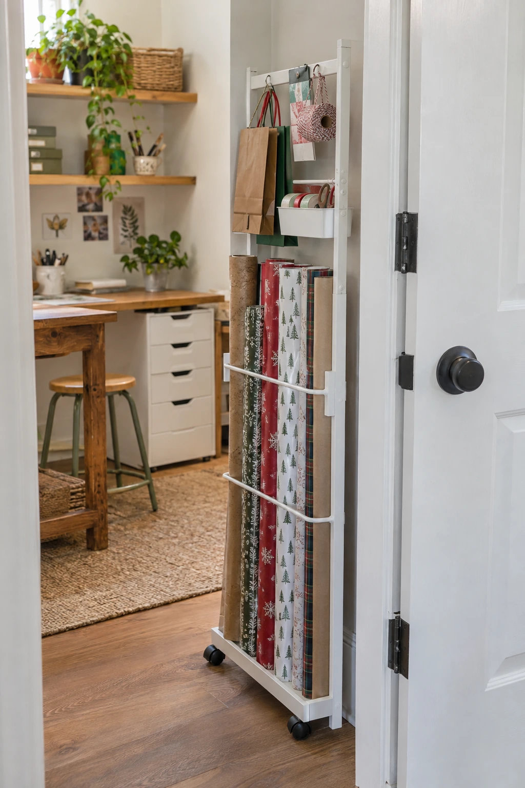 Shallow floor rack behind an open door storing paper rolls