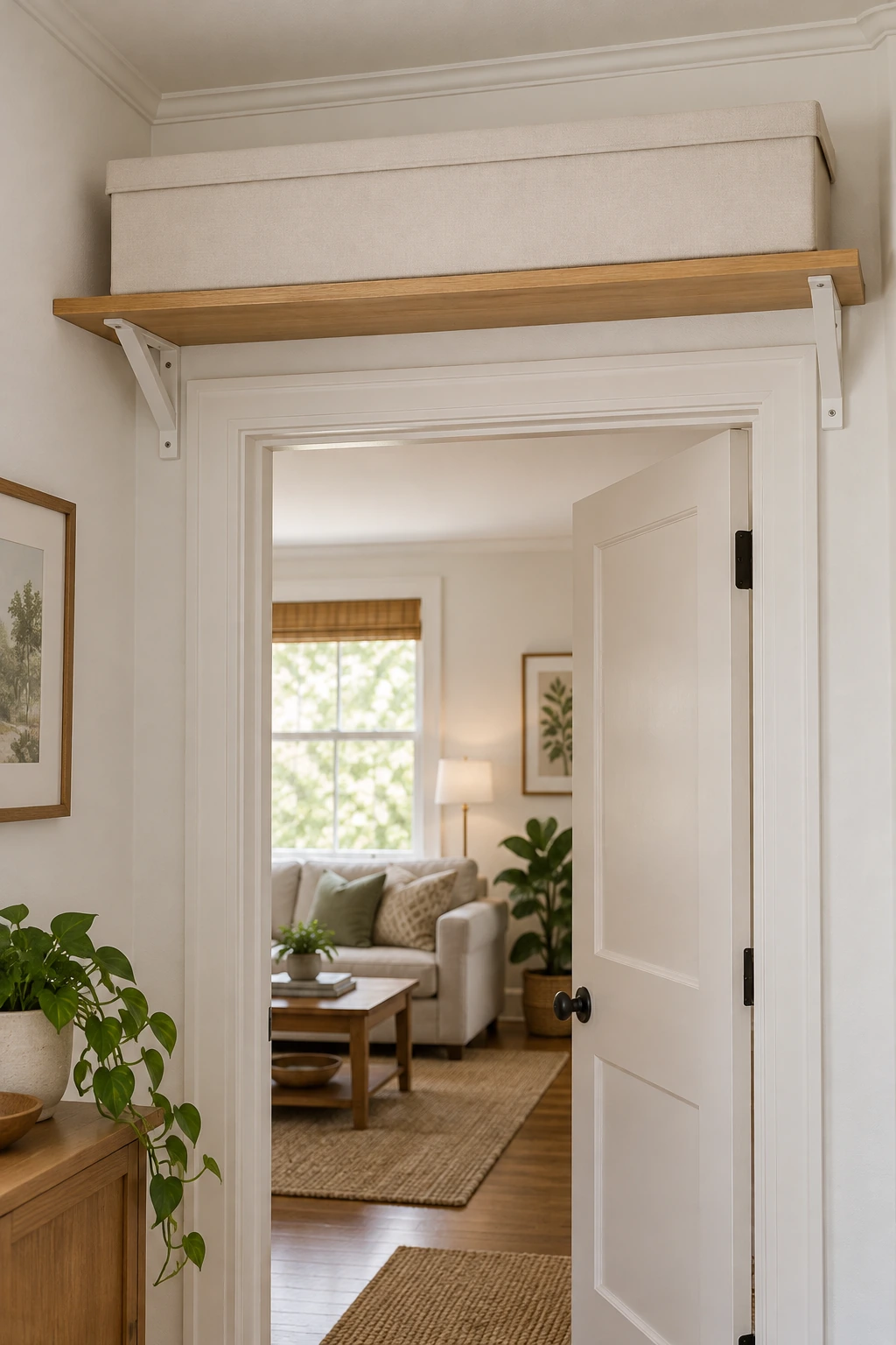 Long gift wrap box on a sturdy shelf above a closet door