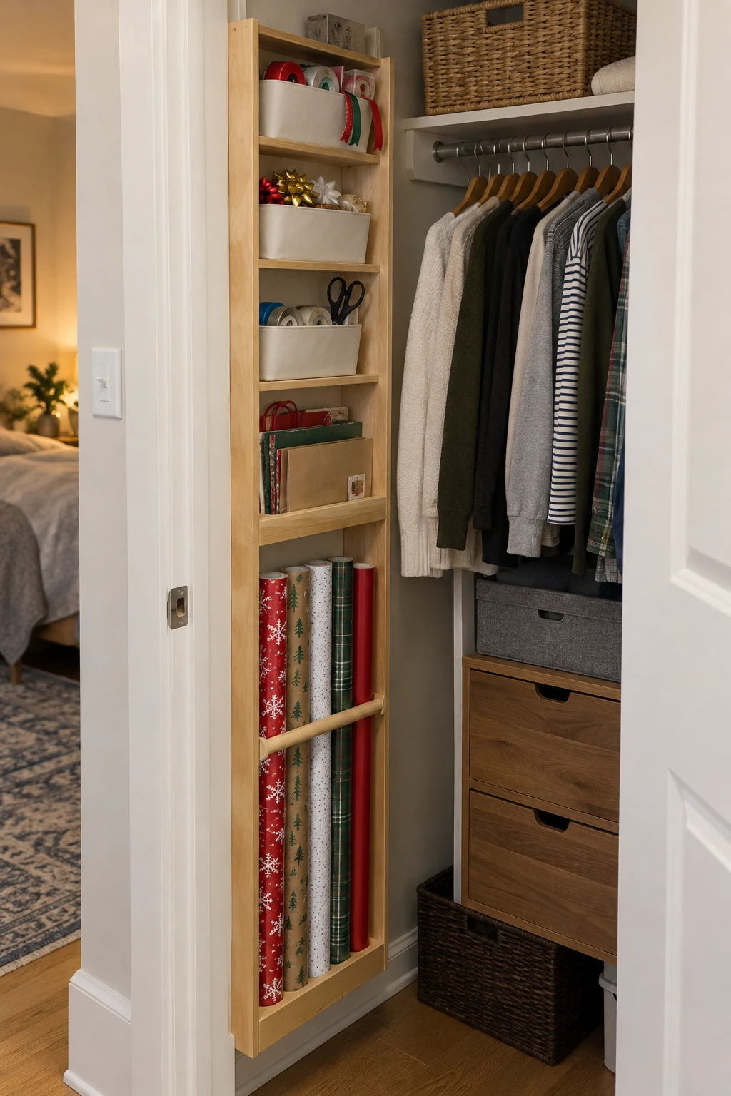 Narrow side-wall tower storing gift wrap in a reach-in closet