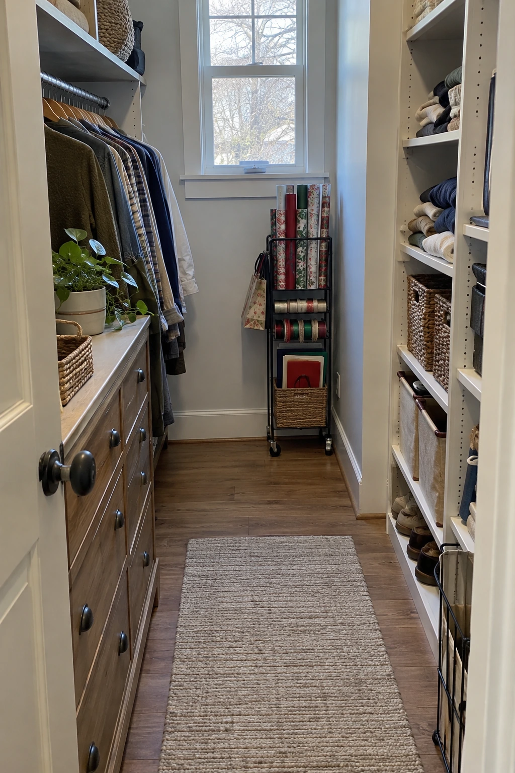Slim gift wrap cart parked at the end of a narrow closet