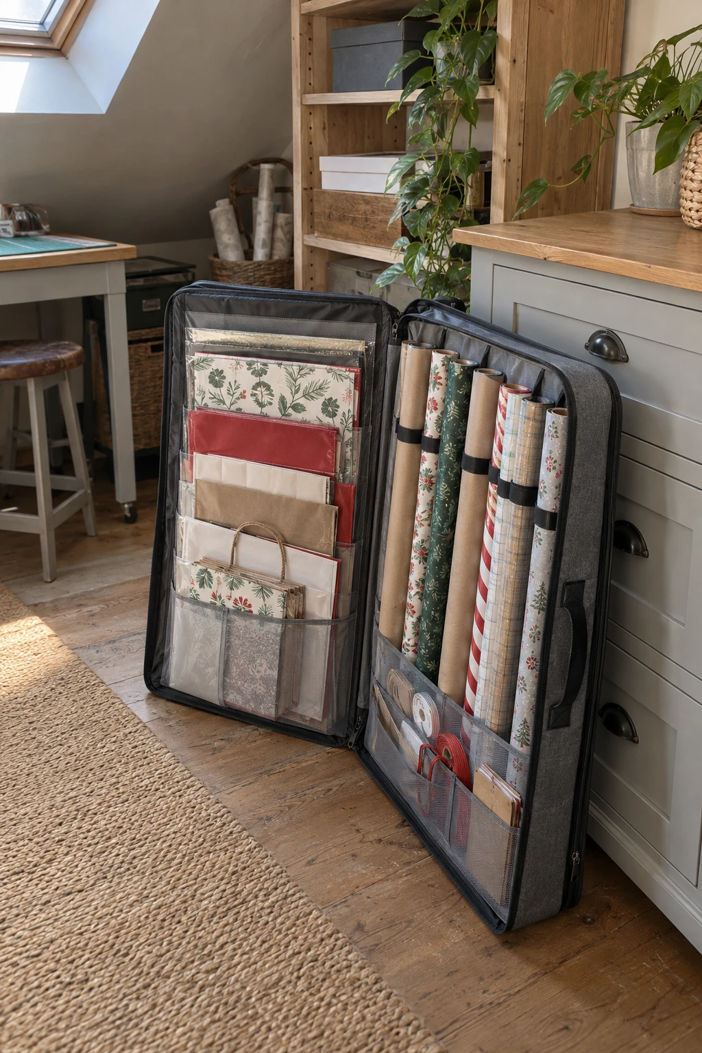 Art portfolio case storing flat sheets of wrapping paper