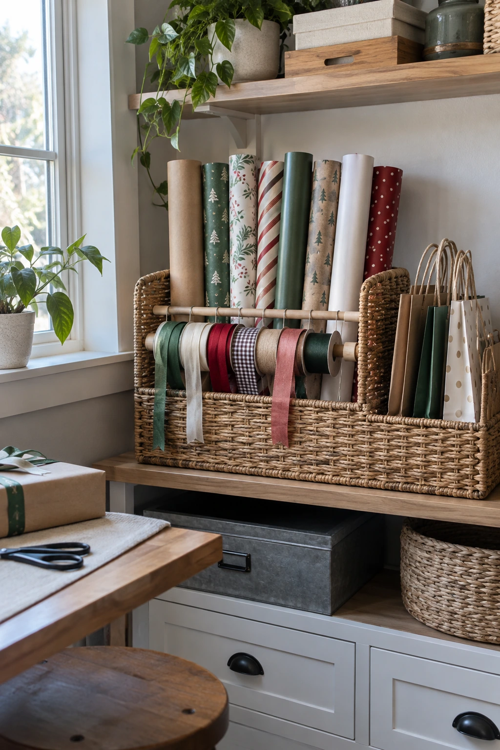 Basket with a removable dowel holding ribbon spools