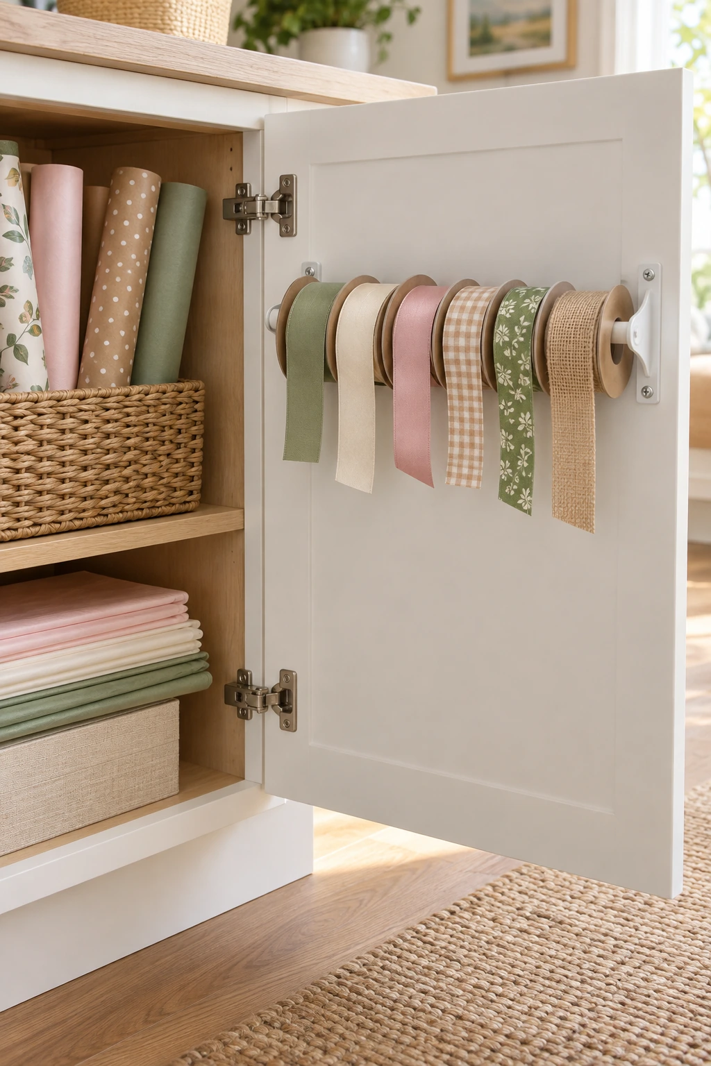 Ribbon spools on a rail inside a cabinet door