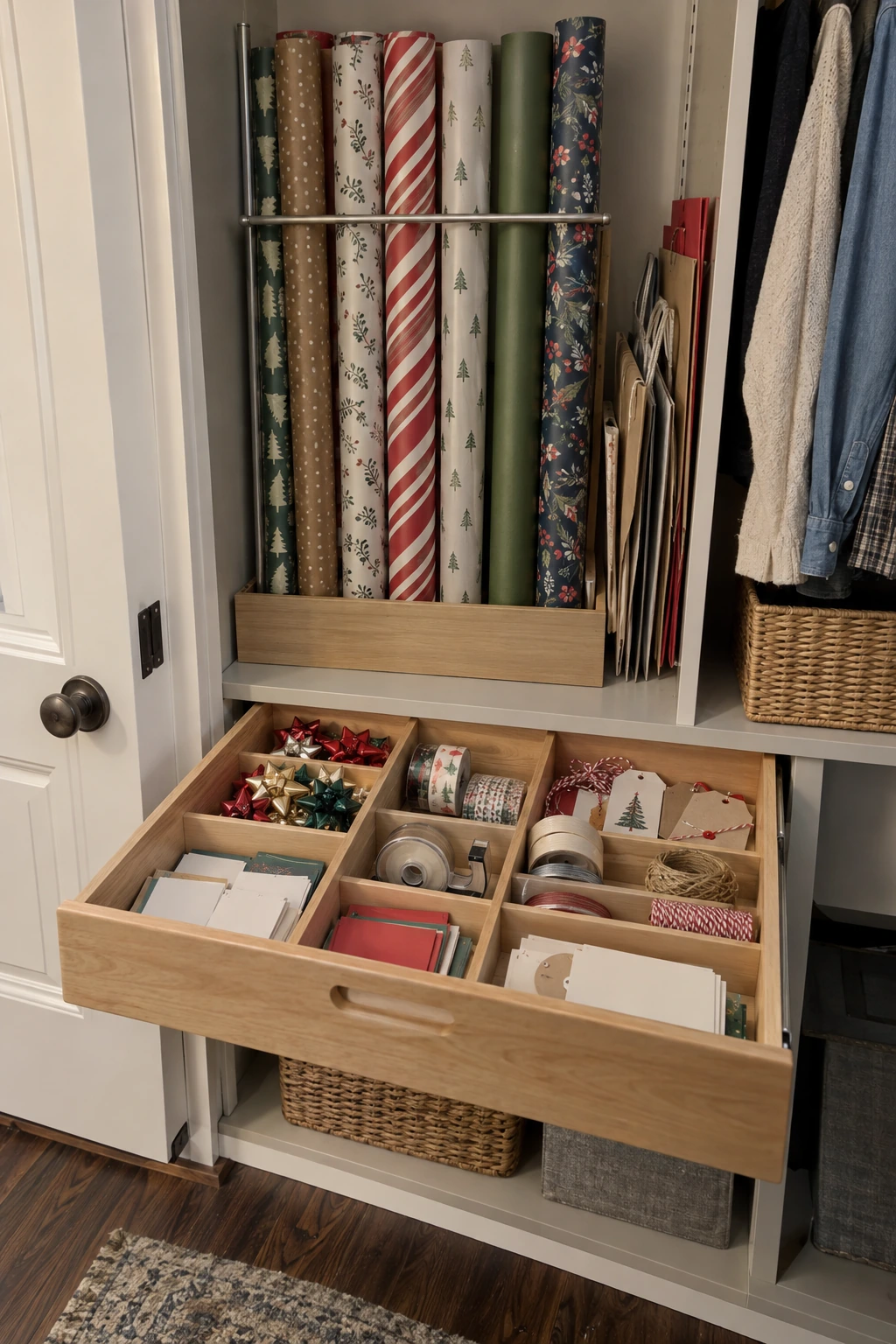 Shallow drawer divided for gift tags bows tape and twine