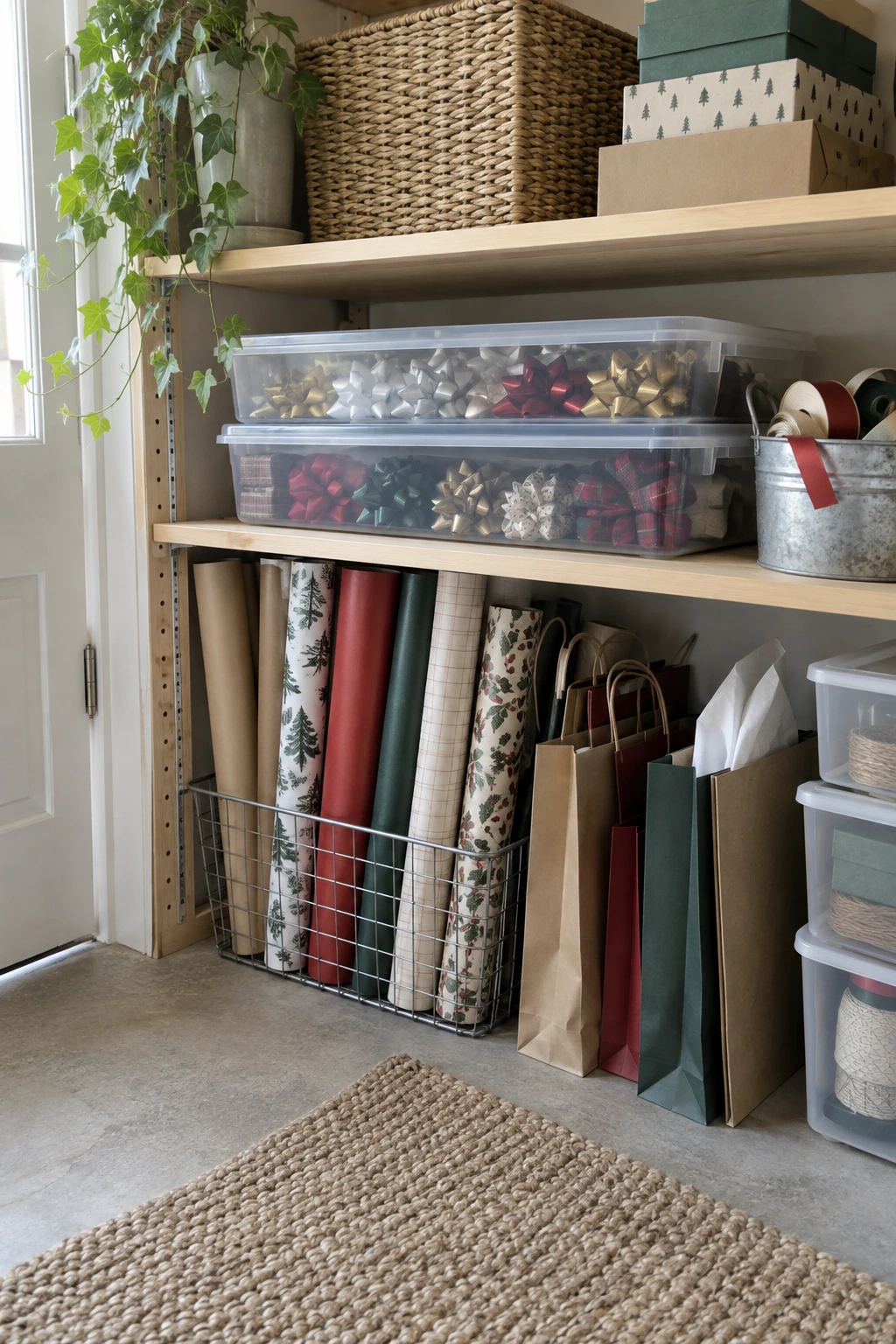 Small lidded boxes protecting gift bows on a shelf
