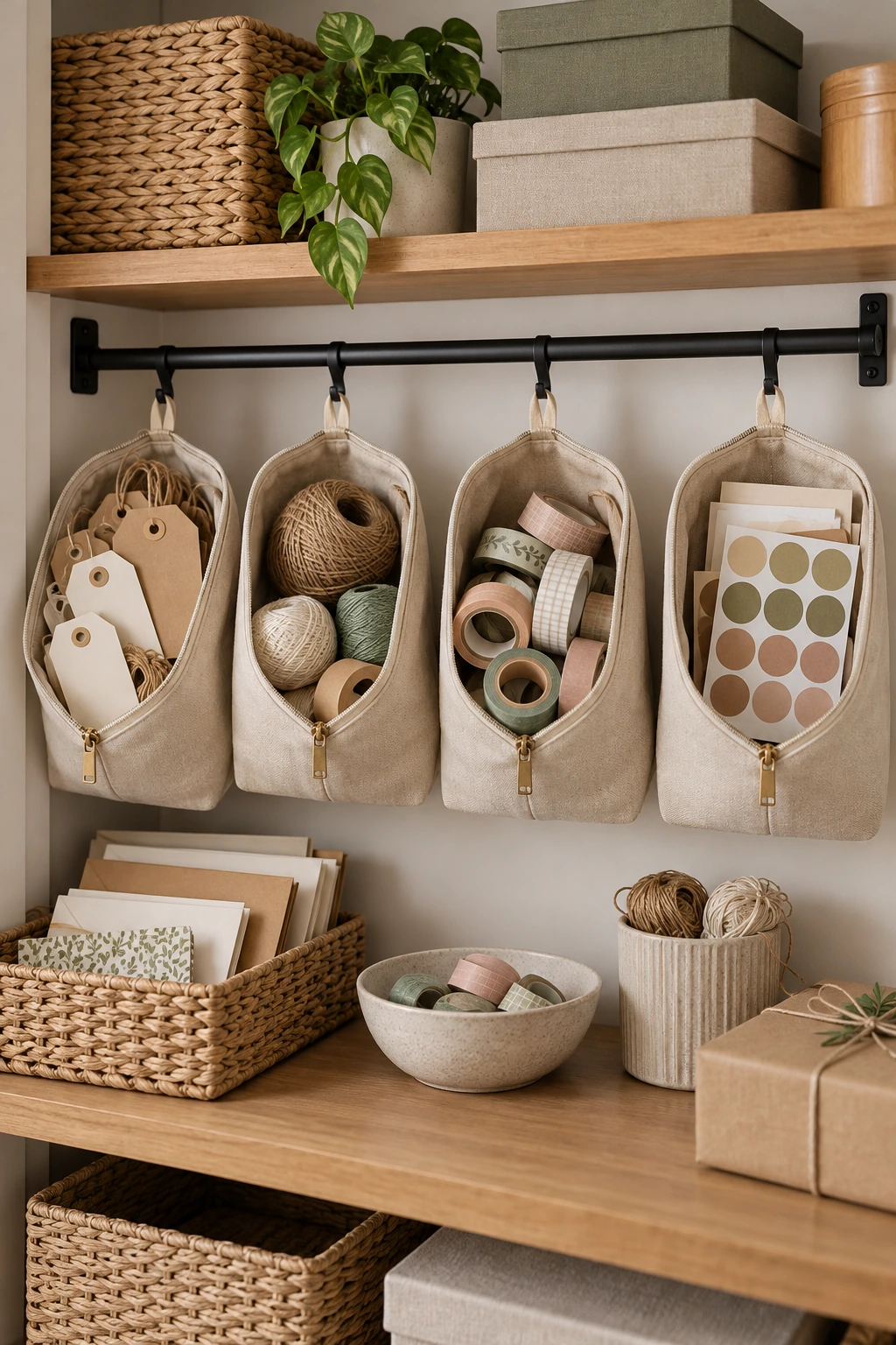 Labeled zipper pouches hanging from hooks with gift tags and twine